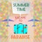 Abstract summer time infographic, with book now and escape to paradise text,