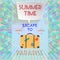 Abstract summer time infographic, with book now and escape to paradise text, planes and travel accessories