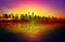 Abstract sunset background with violett sky and panorama of Vancouver