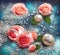 Abstract surreal art background, roses and beautiful pearls. Generative Ai