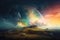 abstract and surreal landscape with rolling clouds, rainbows, and shooting stars