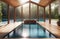 abstract swimming pool with blue water, big windows with natural view, wooden deck