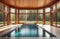 abstract swimming pool with blue water, big windows with natural view, wooden deck