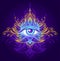 Abstract symbol of All-seeing Eye in Boho style blue lilac gold on dark