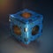 Abstract techno cube object. blue metal box with shiny polished detail clockwork in center of each face. dieselpunk 3d