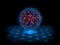 Abstract technology background. perspective crypto currency with blue glowing energy and red color at center