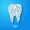 Abstract teeth silhouette. Ornate floral white tooth symbol on blue background. Medical dentist dental clinic sign icon logo.