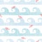 Abstract textile fish among waves seamless pattern