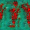 Abstract textural background with red, green and coral branchy paint lines with divorces, furrows, inflows, coasts