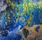 Abstract textured blue yellow bubble liquid fluid acrylic background fill