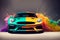 Abstract top premium sportcar unically painted, in multicolor fog. AI generated, this is not real existing model