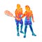 Abstract trainer helps a young woman do an exercise with a racket on her right hand in squash