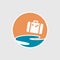 Abstract travel logo with ocean and suitcase. Cruise, tour, delivery concept, Transportation sign.