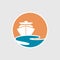 Abstract travel logo with ship and ocean. Ship icon. Cruise, tour, delivery concept, Marine boat. Transportation sign.