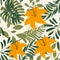 Abstract trend seamless pattern with bright tropical leaves and plants. Vector design. Jungle print. Floral background. Printing a