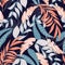 Abstract trend seamless pattern with bright tropical leaves and plants. Vector design. Jungle print. Floral background. Printing a