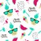 ABSTRACT TROPICAL HAND DRAW COMPOSITION OF SUMMER FEELING SEAMLESS VECTOR PATTERN.