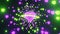 Abstract tunnel with 3D neon planet and glowing heart shape purple and green particles