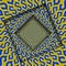 Abstract turned frames with a rotating blue yellow dollar sign pattern. Optical illusion hypnotic decoration
