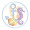 Abstract underwater composition. Ship anchor with chain and cute purple sea horse and seashell. Pastel color. Sea collection.