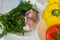 Abstract universal illustrative background with vegetables for cooking. Selective focus