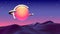 Abstract vaporwave background with sun or hot ball and orbits flying over alien landscape