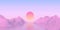 Abstract vaporwave landscape with sun rising over pink mountains and sea on calm pink and blue background