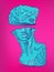 Abstract vector art illustration. Michelangelo`s David classical head bust sliced in two in blue and pink vaporwave style