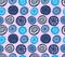 Abstract vector creative seamless pattern with various circles. Geometry background in trendy bright blue, pastel pink colors
