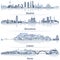 Abstract vector illustration of Madrid, Barcelona, Lisbon and Porto city skylines in light blue color palette with water reflectio