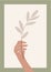 Abstract vector poster of hand with greenery branch. Contemporary art. Botanical artwork in modern style in warm colors. Tropical