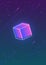 Abstract vertical backdrop with glowing gradient colored cube and its outline against gorgeous night sky full of stars