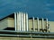 Abstract view of shiny stainless steel mechanical pipes on high roof