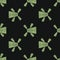 Abstract village seamless pattern with green windmill doodle shapes. Black background