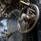 Abstract vintage industrial background featuring close up view of old steam locomotive controls