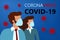 Abstract virus strain model Novel coronavirus COVID-19 with woman and man in suit with blue medical face mask. Concept of