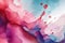 Abstract watercolor art with pink, red, and blue tones, fluid shapes, and vibrant splashes