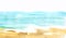Abstract watercolor background. Hand drawn landscape of sandy empty beach, azure pure water and daylight white sky. Brush stroke