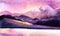 Abstract watercolor background in lilac and purple tones. Romantic horizontal mountain landscape with gentle lilac sunset sky