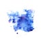 Abstract watercolor background. Shapeless blurry paint stain of blue colors with small lilac splashes on white backdrop. Hand