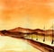 Abstract watercolor blurry landscape of warm orange shades in retro style. Road with high-voltage transmission lines on its side