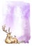 Abstract watercolor composition. A violet background with a forest deer male and birds Robin. Template for design.