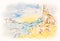 Abstract watercolor Crimea seascape with crimean bridge illustration