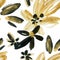 Abstract watercolor golden and black flowers seamless pattern