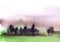 Abstract watercolor gradient background. Rural landscape of green field, dark stains of blurry trees and light purple