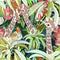 Abstract watercolor illustration of three giraffes, background tropical forest