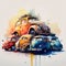 Abstract, watercolor, illustrations, ink painting, bicycles, motorcycles, cars, pickup trucks, trucks, trucks, trains, gold