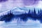 Abstract watercolor landscape. Silhouette white snowy mountain n light sky. The shape of fir forest. A tall beautiful Christmas