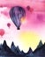 Abstract watercolor landscape. Sunrise in Cappadocia. Balloons pink sky background. Dark silhouettes purple black mountains.