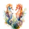 Abstract watercolor painting of a beautiful couple seahorses. The male will bear the belly. Generative AI